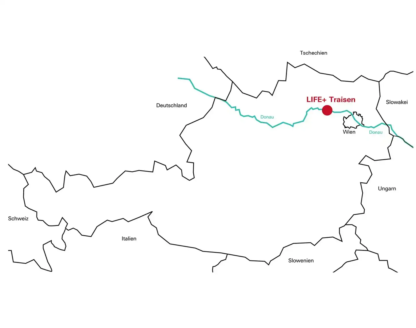 Ein Überblick über das Projekt bei der Traisen. Die Karte von Österreich zeigt im groben wo sich das Projekt LIFE Traisen befindet.